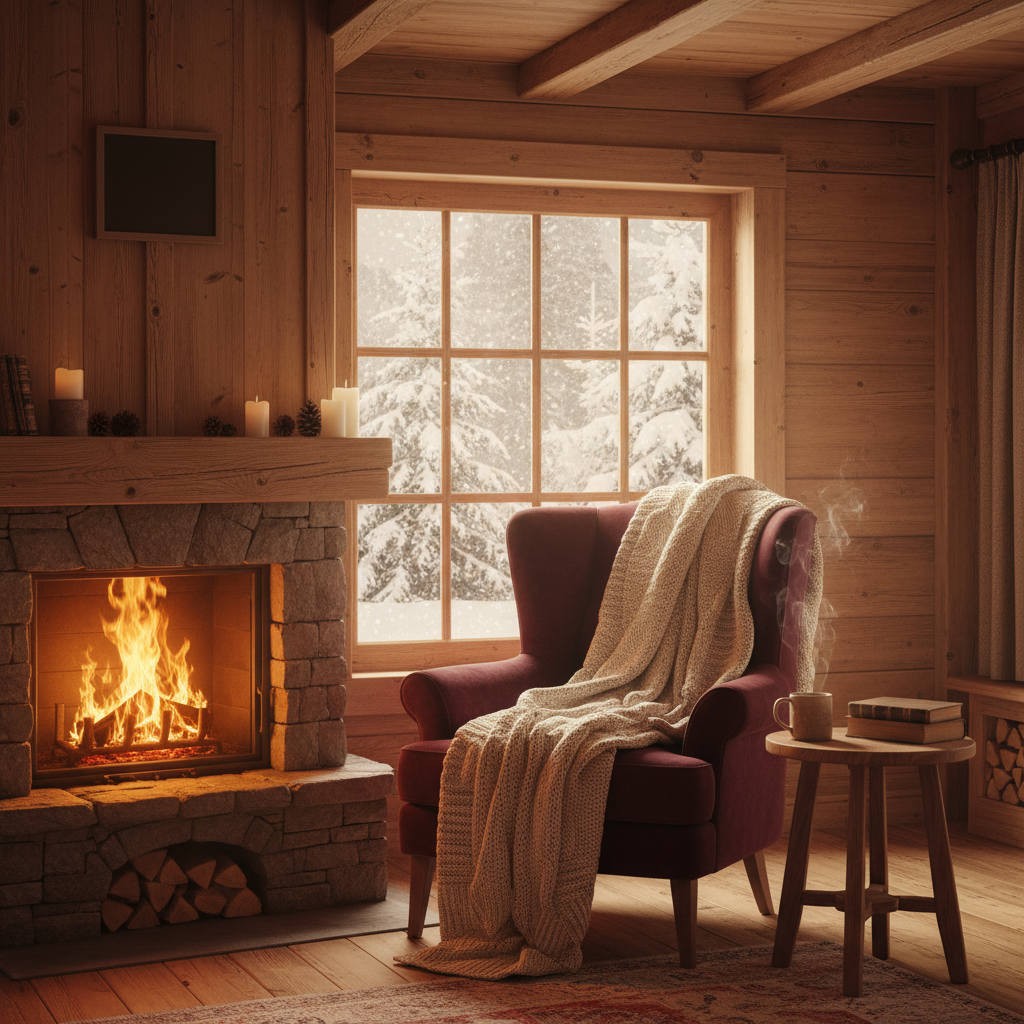 Salon de chalet chaleureux au coin du feu en hiver