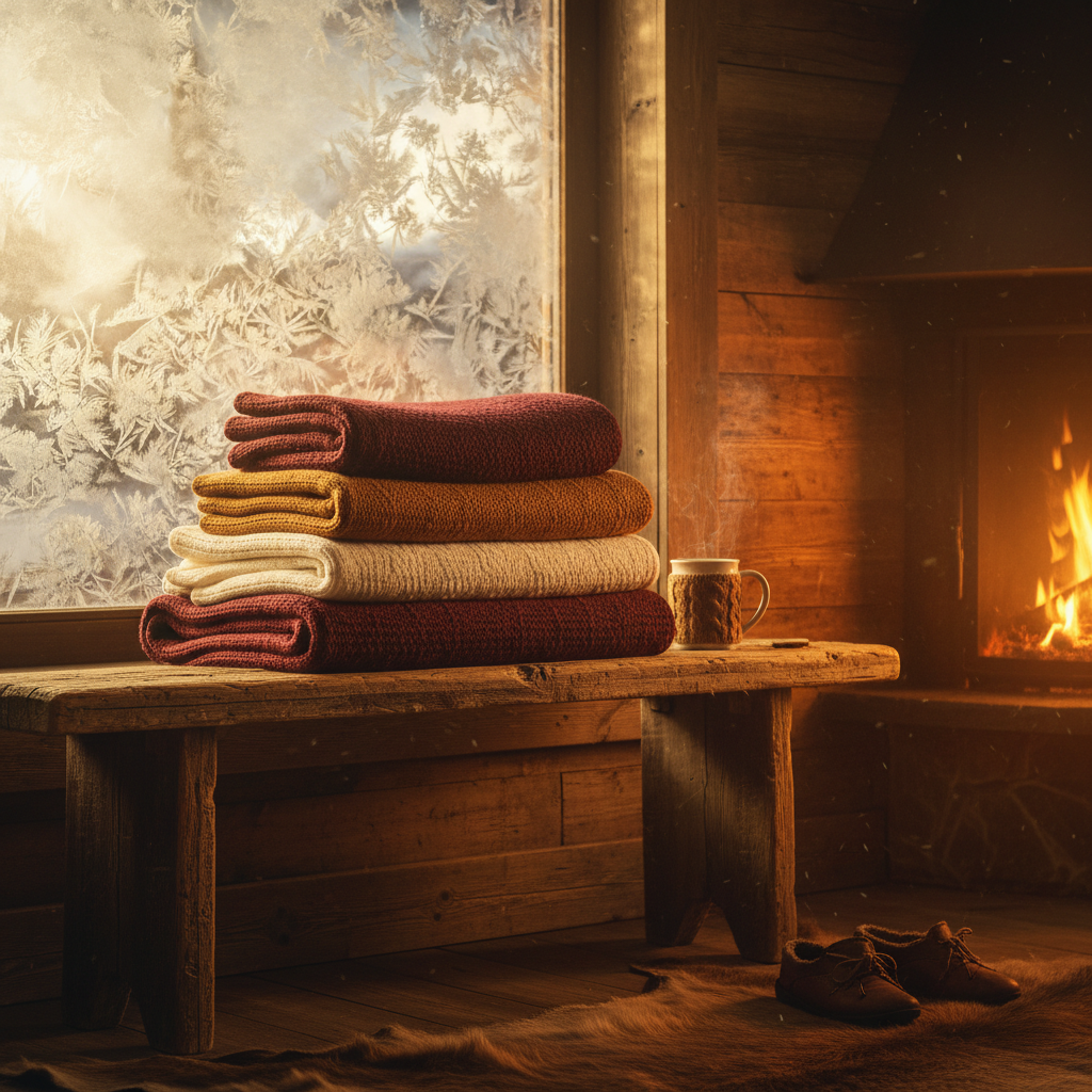 Pile de plaids tricot bordeaux et caramel près d'une fenêtre givrée