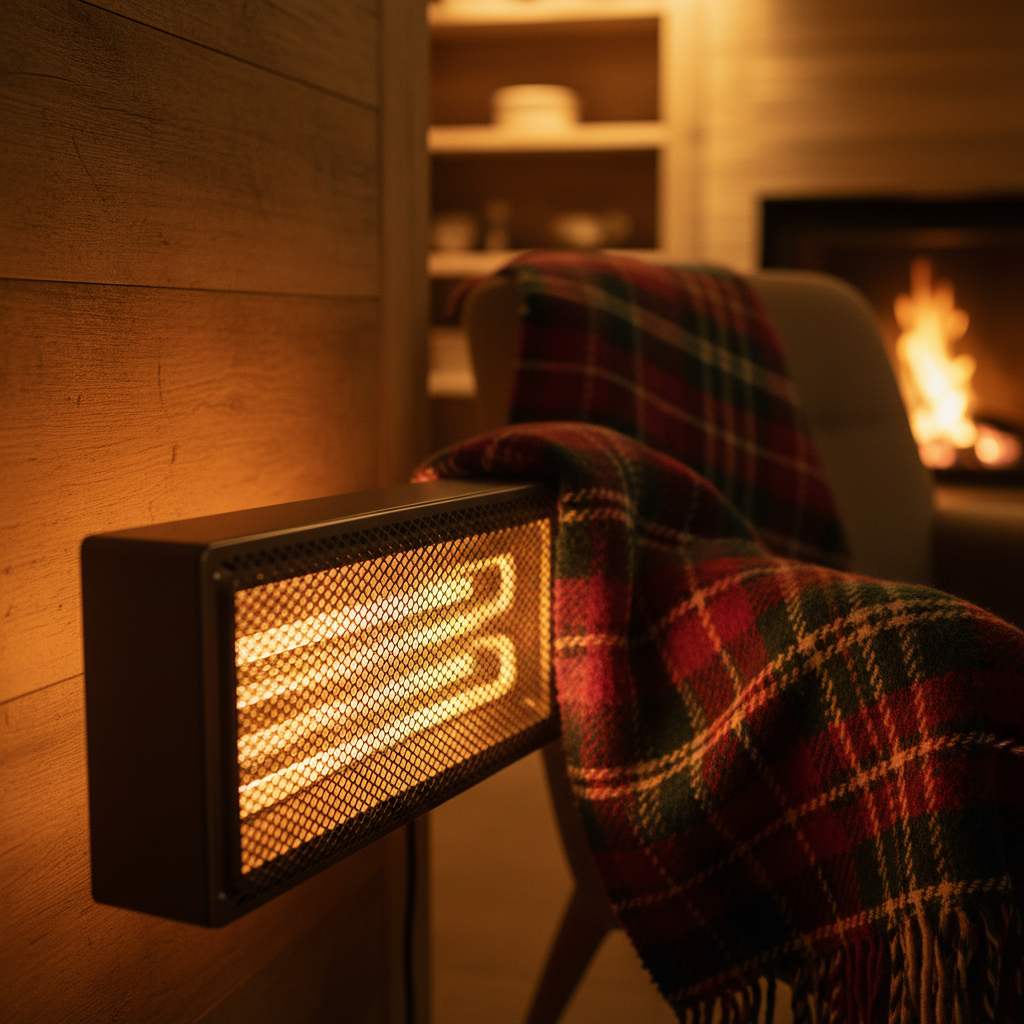 Chauffage radiant et plaid de laine dans un coin lambrissé