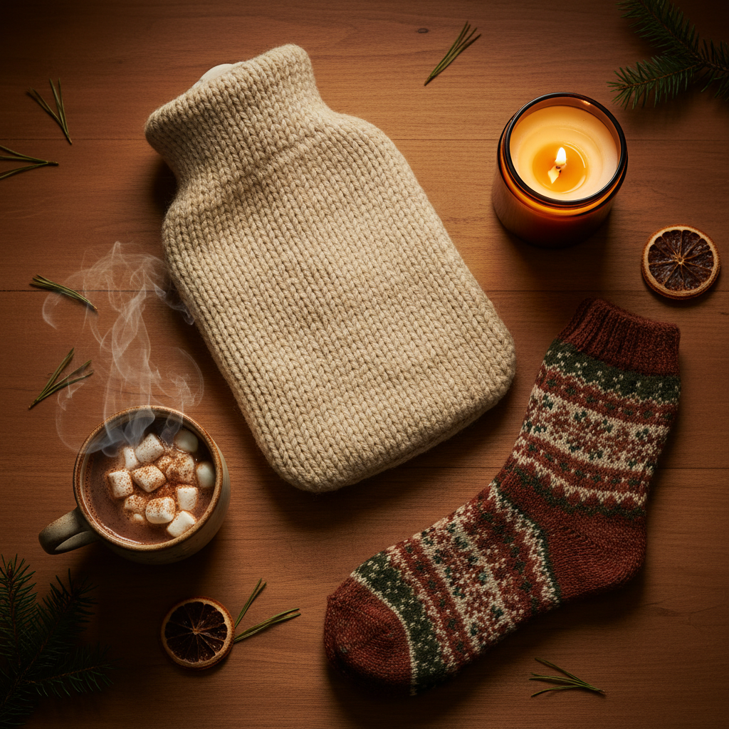 Bouillotte tricot, bougie ambrée, chaussettes de laine et chocolat chaud